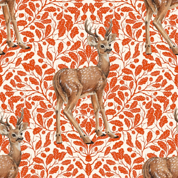 Deer on decorative oak damask pattern 2