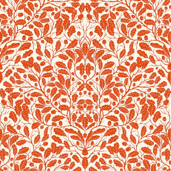 Oak branches and leaves damask pattern in red