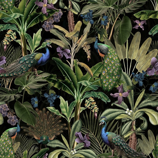 Exotic Peacock Jungle Midnight Garden Pattern