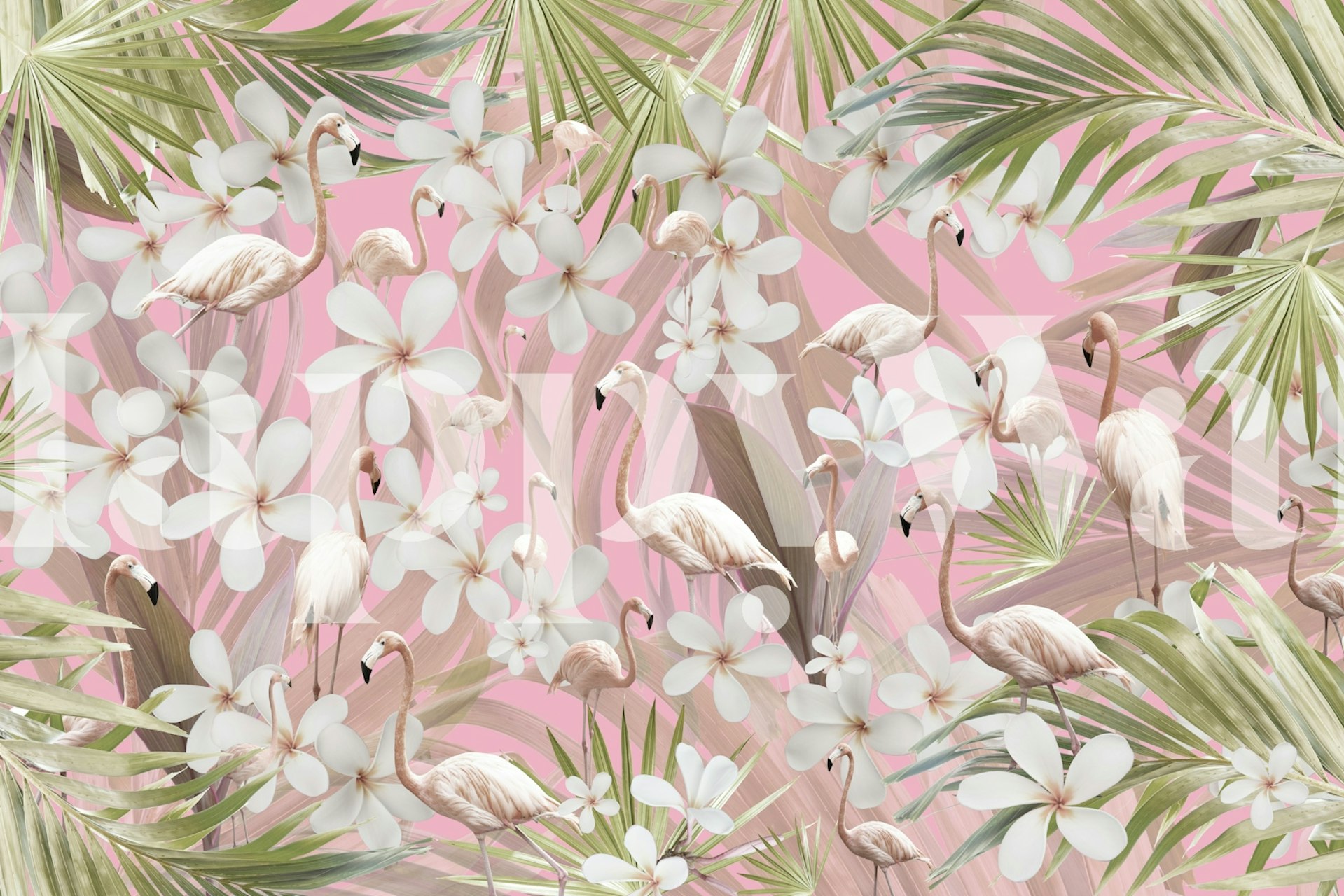 Pink floral pattern with flamingos and greenery wallpaper