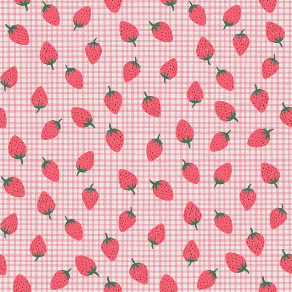 Pink Strawberry Plaid Hand Drawn Painted Cute