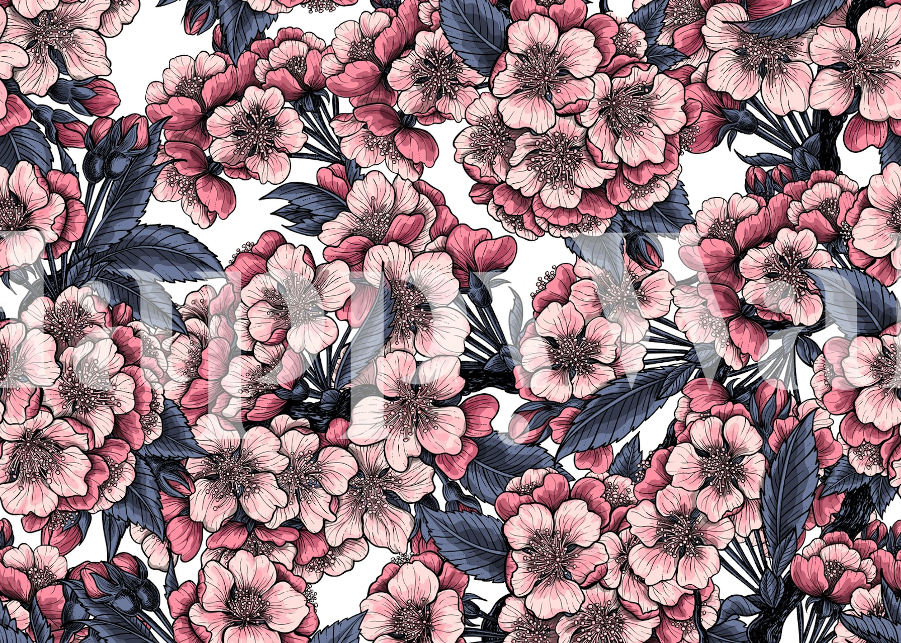 Pink cherry blossom flowers and green leaves wallpaper