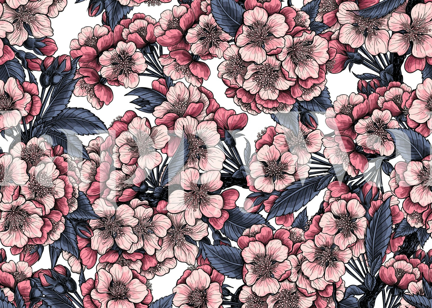 Pink cherry blossom flowers and green leaves wallpaper