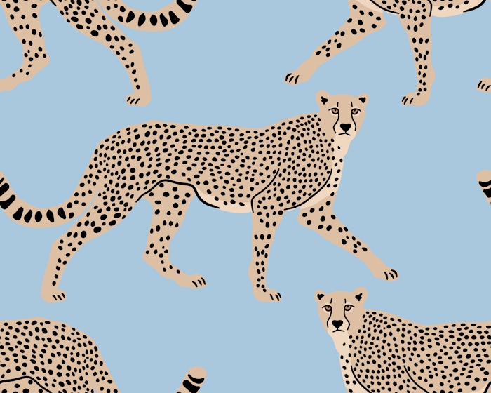 Walking Cheetah Pattern Wallpaper - Blue Safari Style