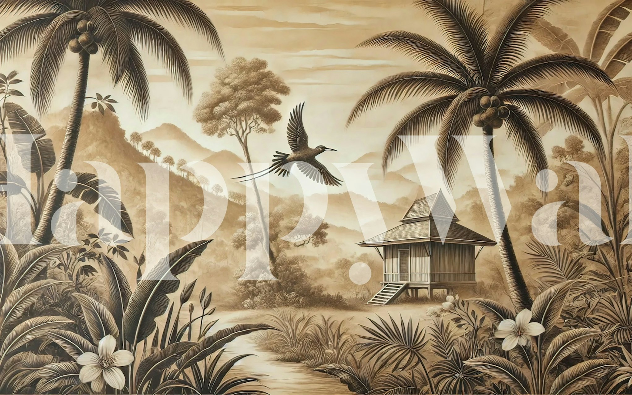 Oiseau volant parmi les palmiers papier peint design