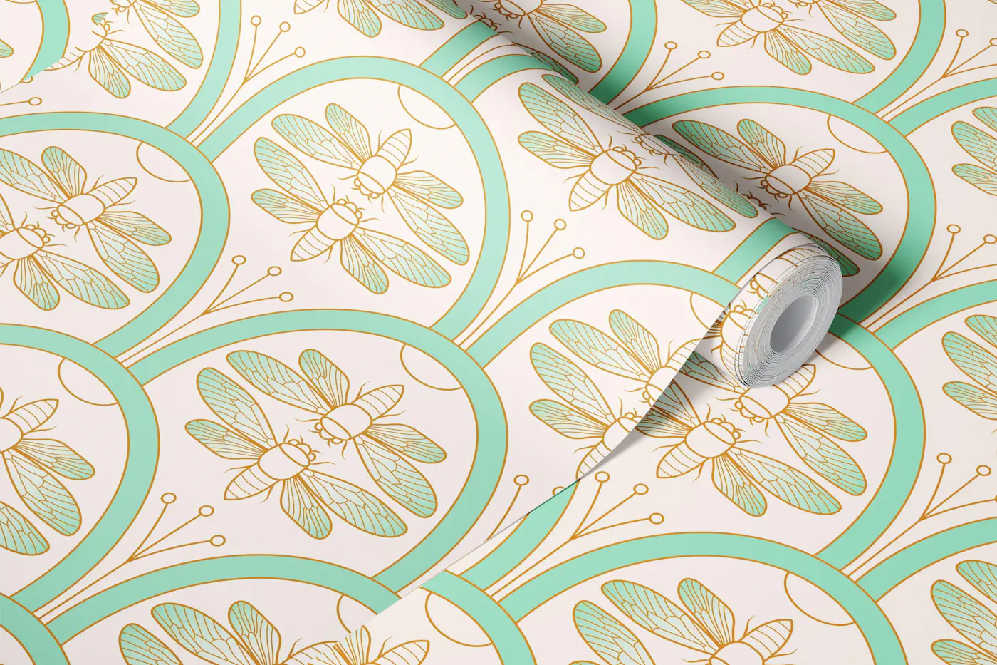 Cicada Damask Art Deco Mint Blush Gold wallpaper roll