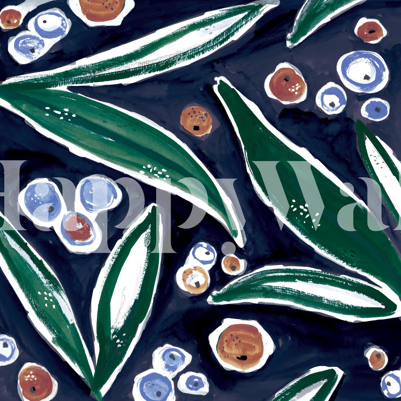Botanical wallpaper featuring green leaves and blue berries on a dark background