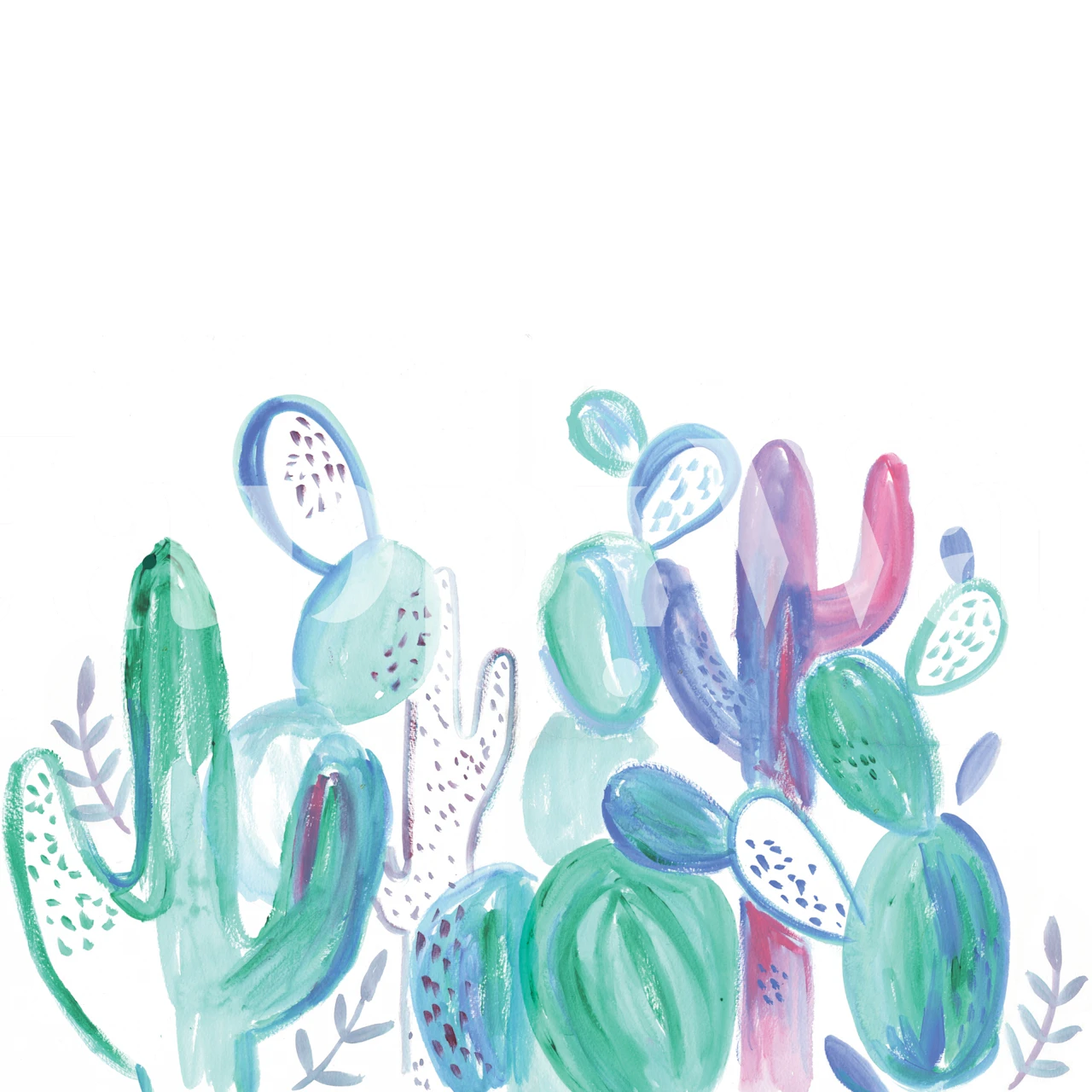 Colorful abstract cacti in various shades of green and pink wallpaper