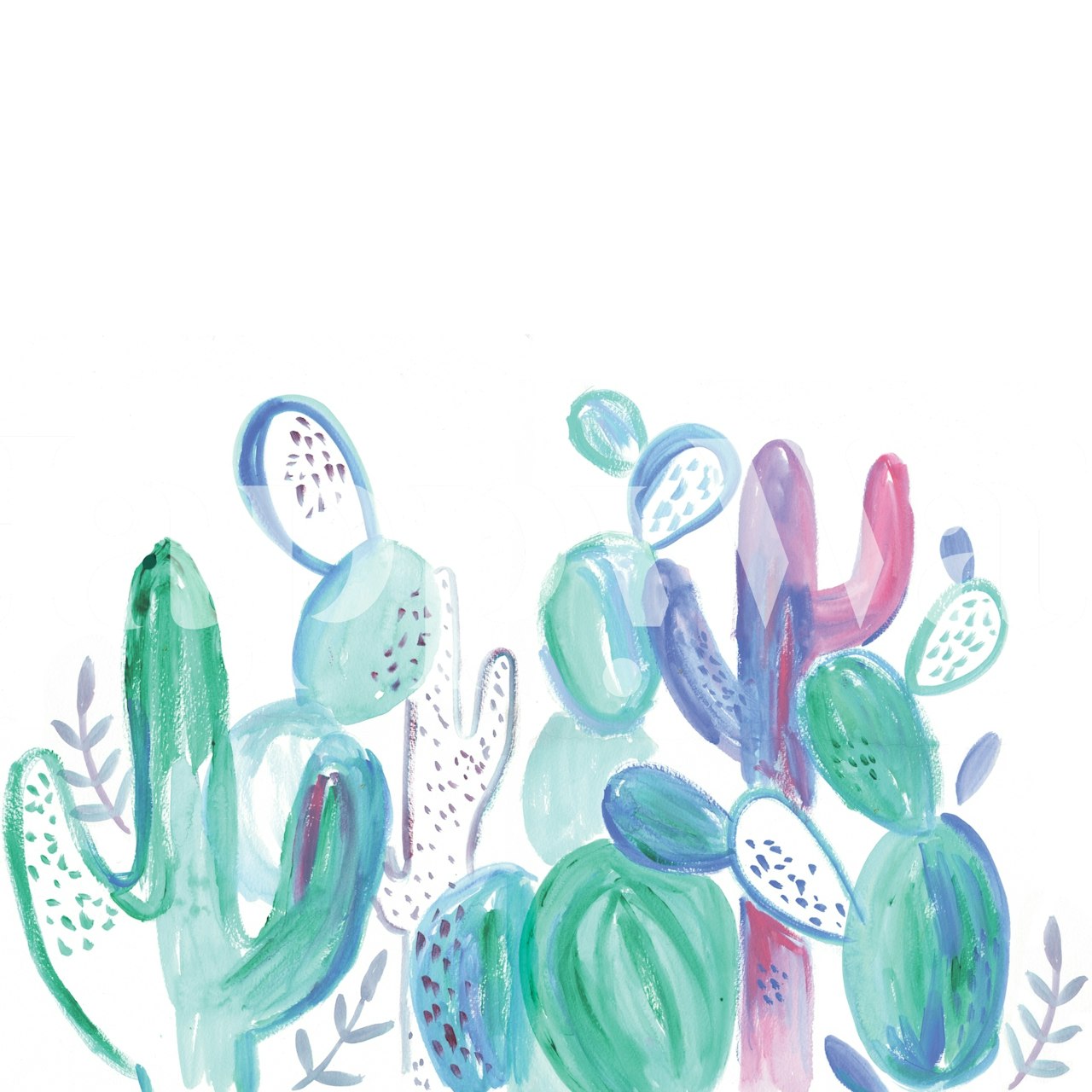 Colorful abstract cacti in various shades of green and pink wallpaper