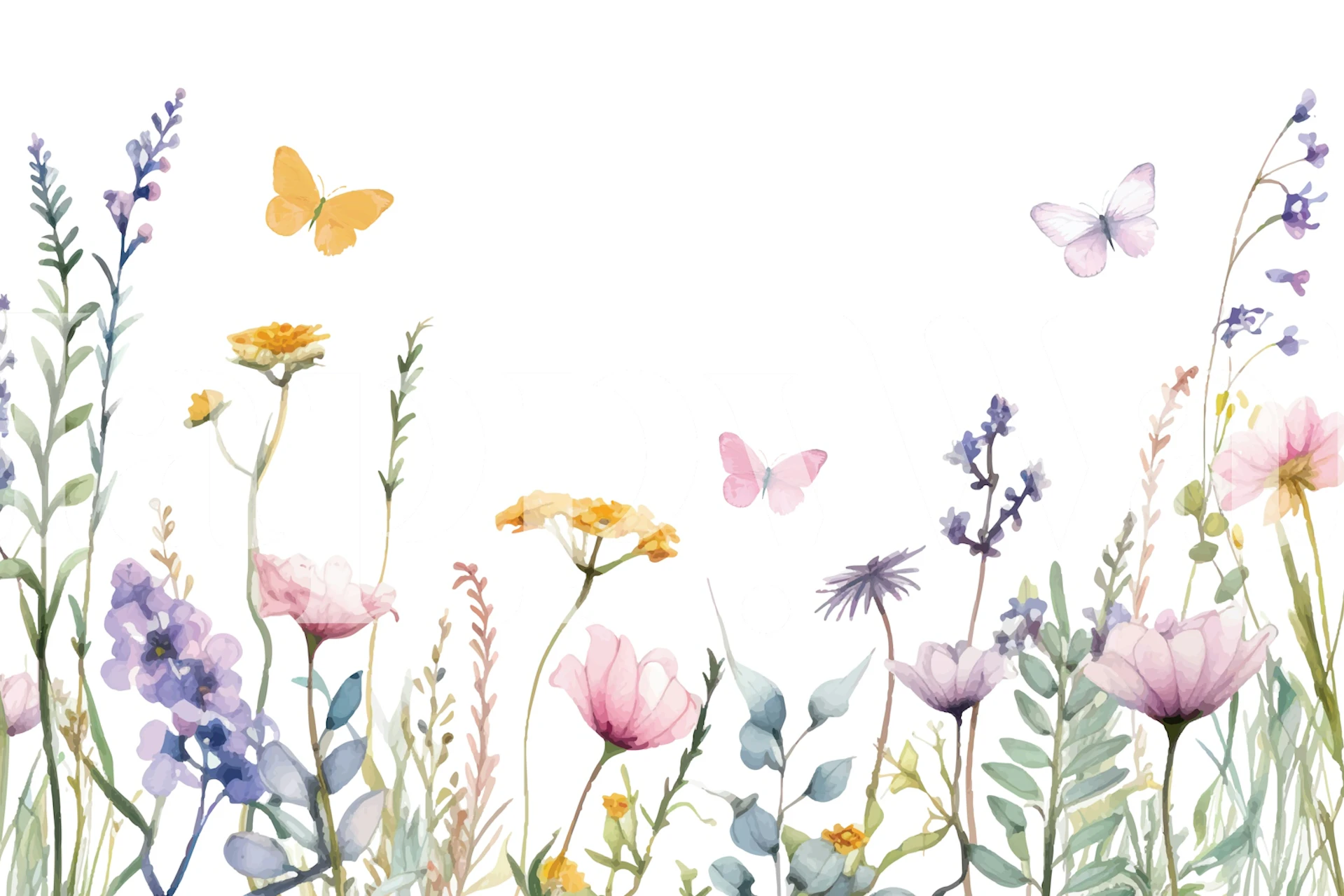 Kleurige bloemen en vlinders op een witte achtergrond watercolor wallpaper