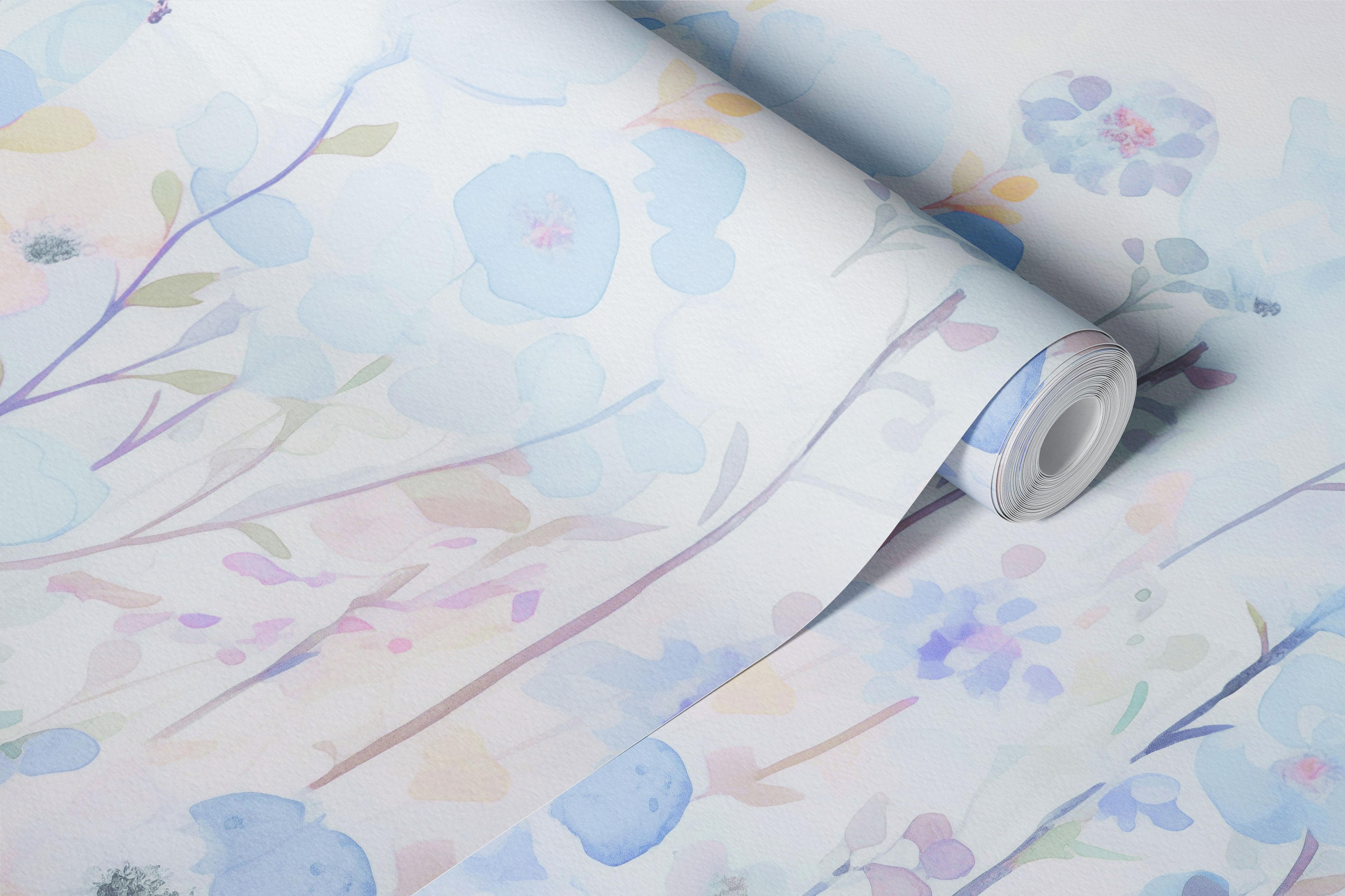 Watercolor floral pattern in soft blue hues wallpaper