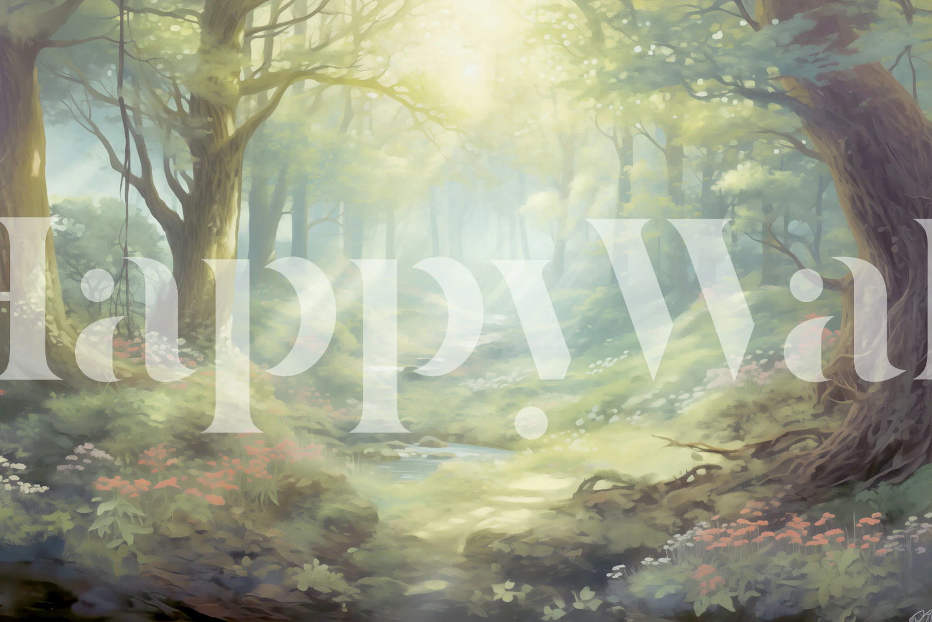 Forest scenery with pastel colors and soft sunlight wallpaper