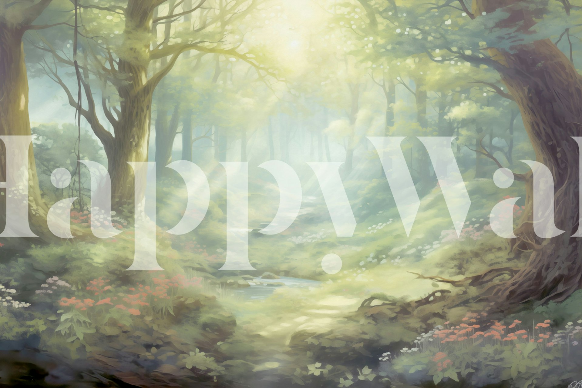 Forest scenery with pastel colors and soft sunlight wallpaper