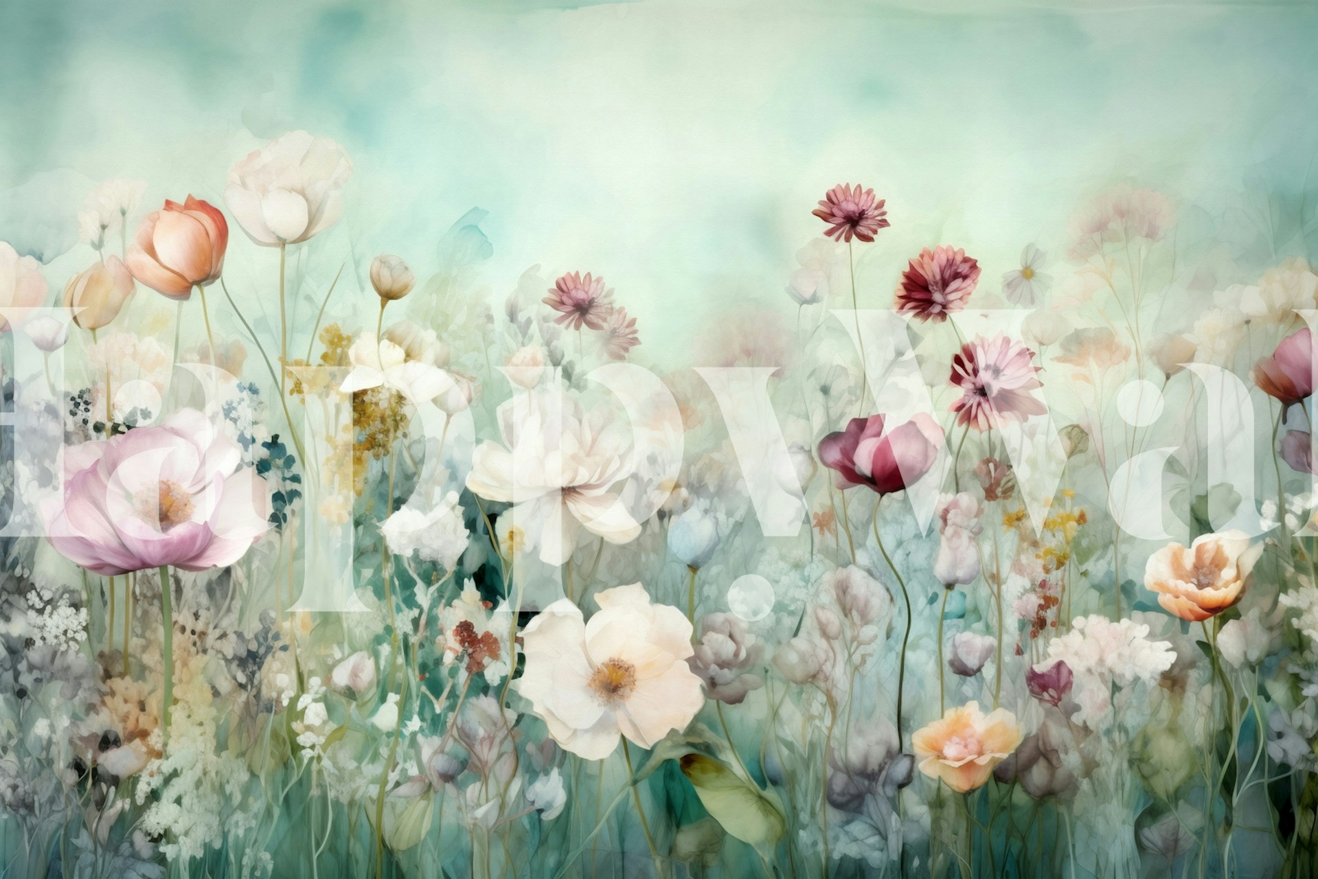 spring field pastel Blumenmuster Tapete in einem Raum