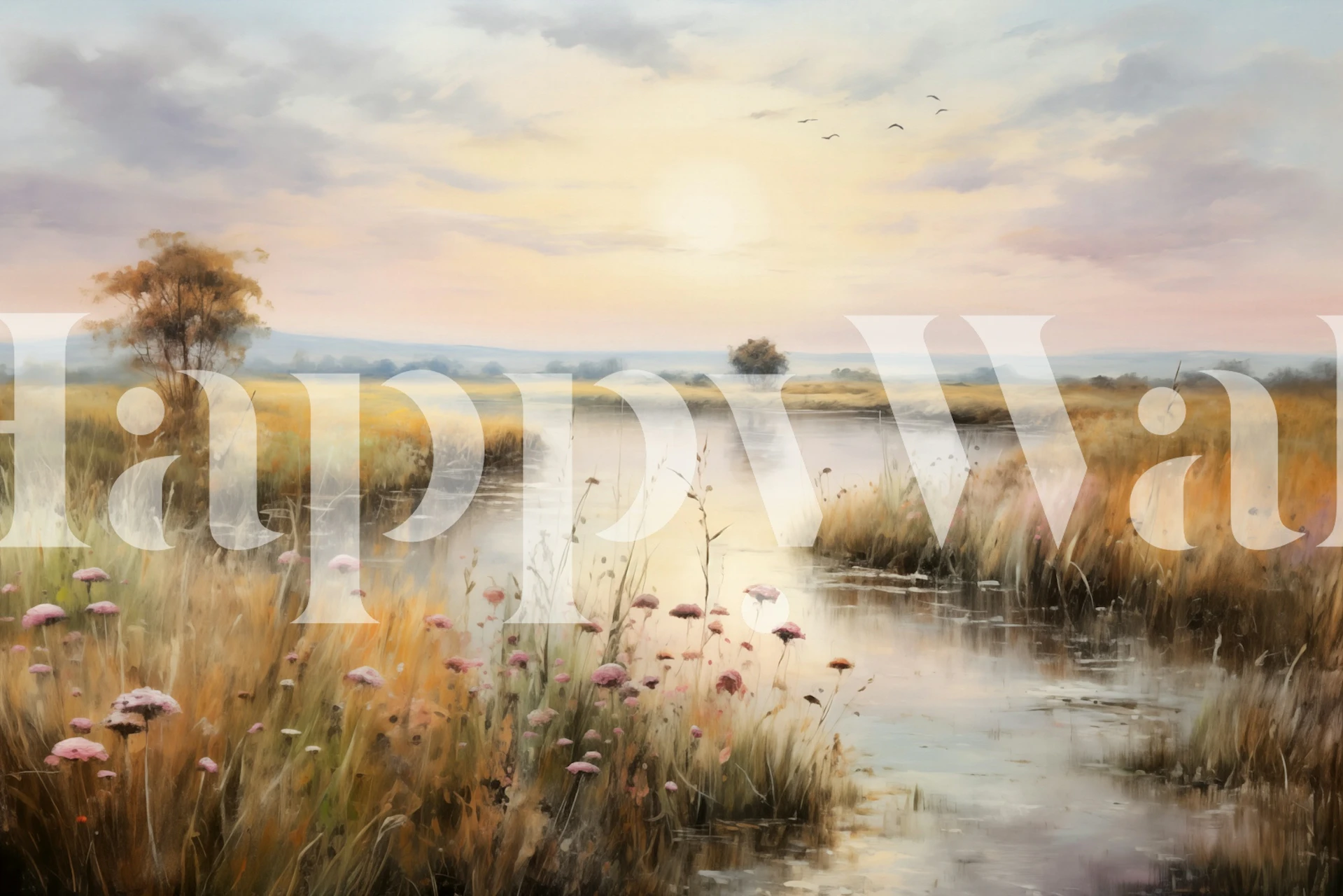 Watercolour wetlands landscape behang in een kamer