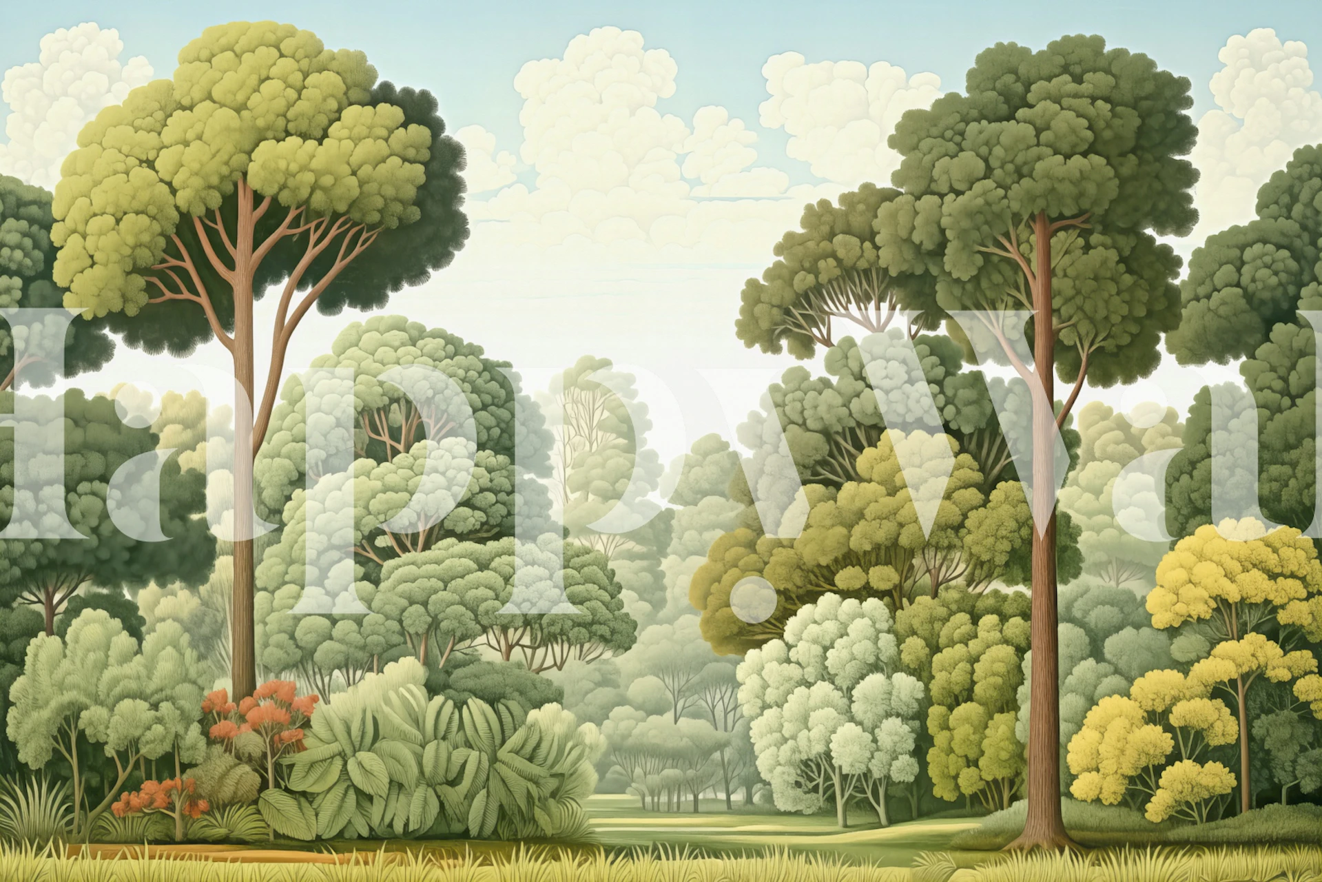 Tapeta Woodcut forest vystavená v místnosti