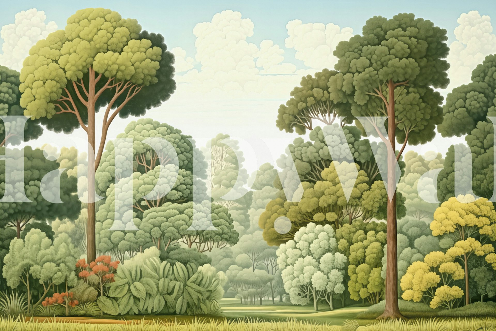 Tapeta Woodcut forest vystavená v místnosti