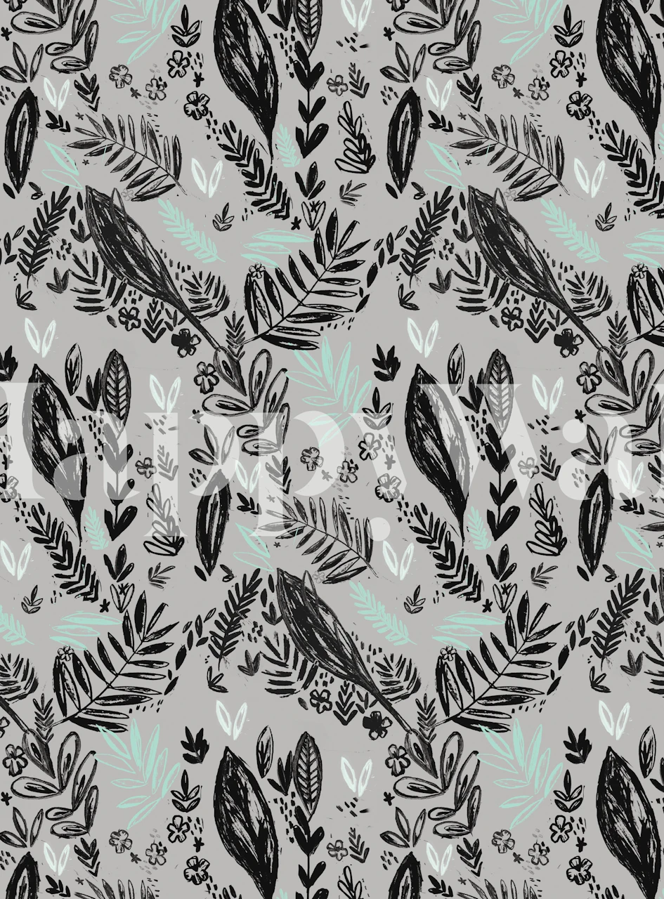 Black botanical leaves and flowers pattern on grey wallpaper