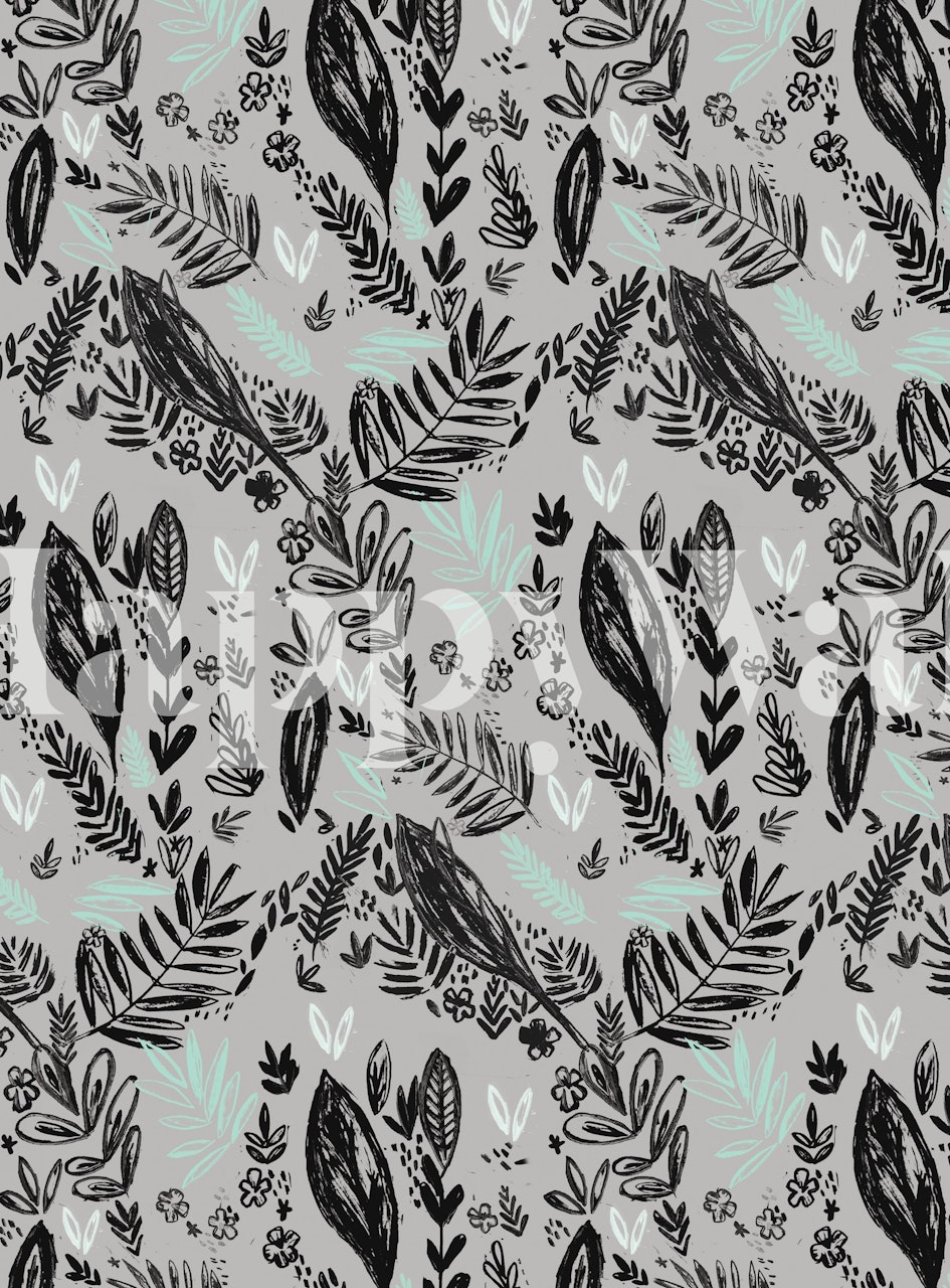 Tapeta Ink patterned jungle leaves w pokoju