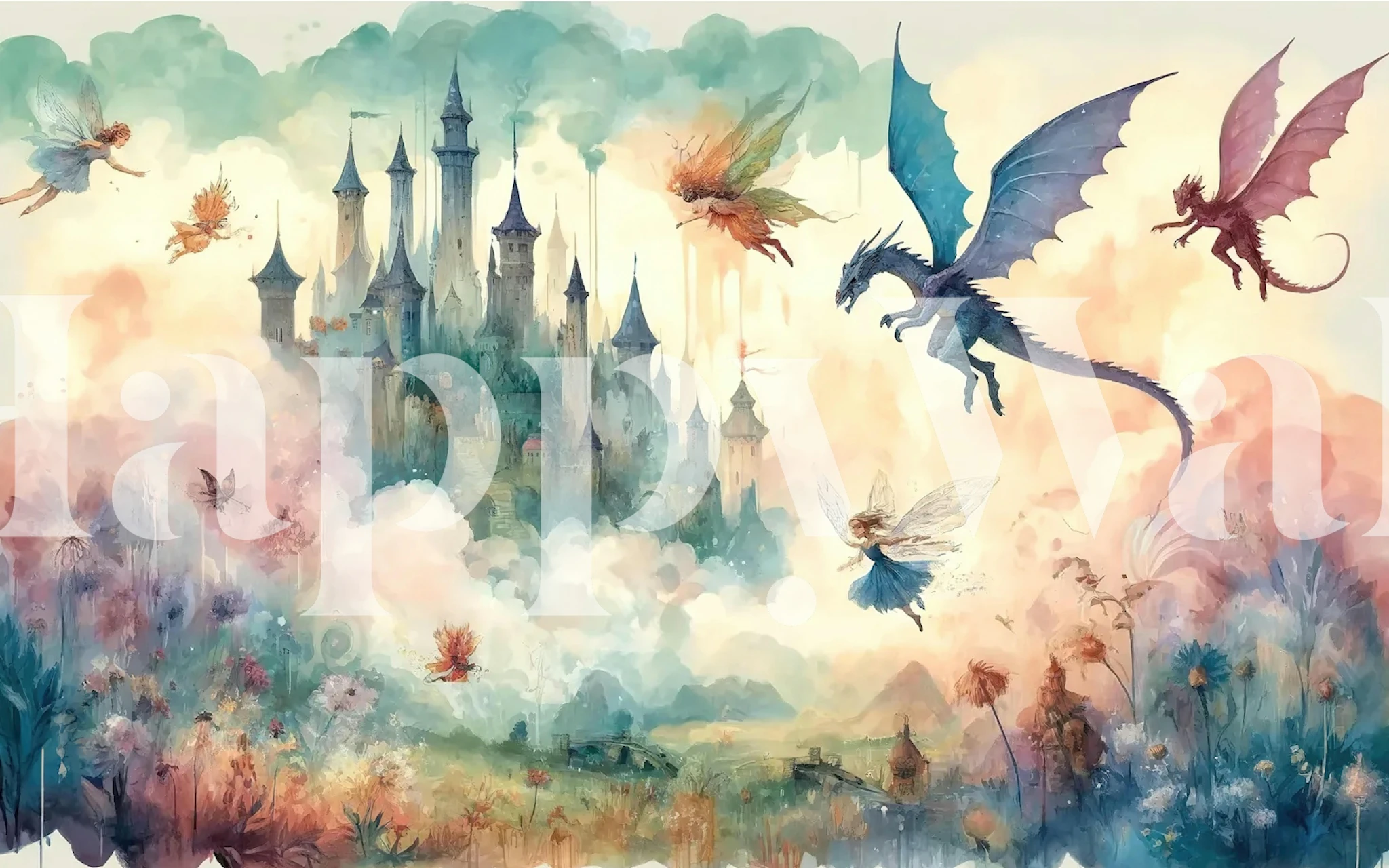 Colorful castle with fairies and dragons, blue and pastel mural wallpaper