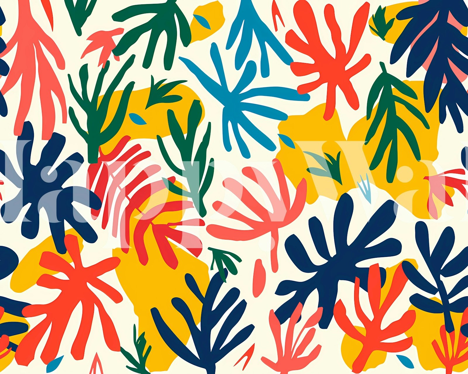 Tropical foliage pattern in bright colors of blue, green, red, and yellow wallpaper