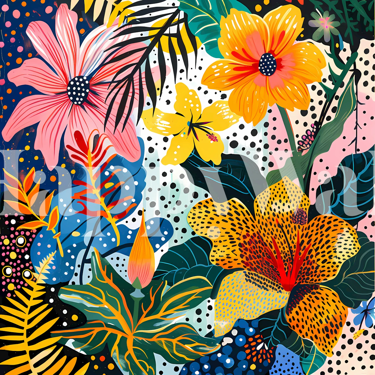 Tropical floral wallpaper with bright flowers and green leaves