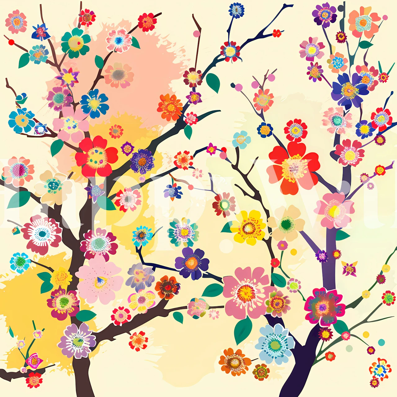 Colorful flowering trees with blossoms in pink, blue, and yellow wallpaper