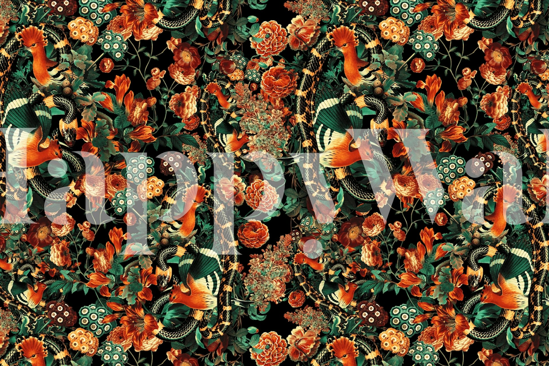 Colorful floral pattern with birds and snake motifs wallpaper