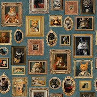 Ancient Fluffy Famous Cats Portraits Teal ταπετσαρία