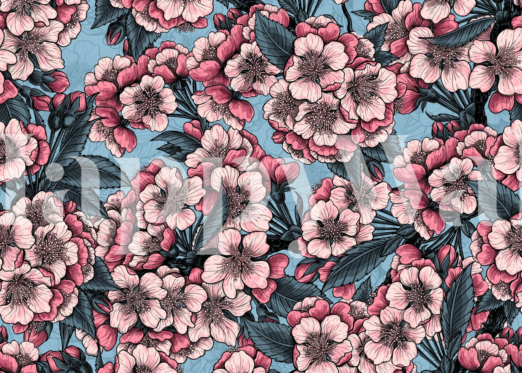 Cherry blossom flowers in pink and white with green leaves on blue background wallpaper