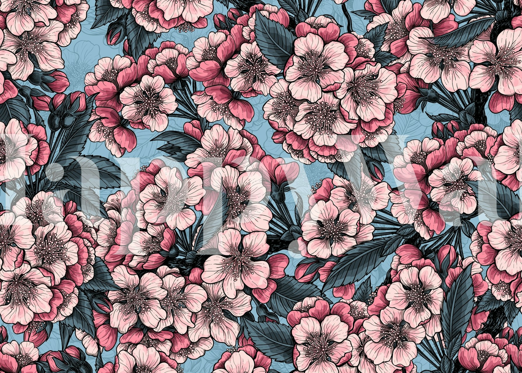 Cherry blossom flowers in pink and white with green leaves on blue background wallpaper