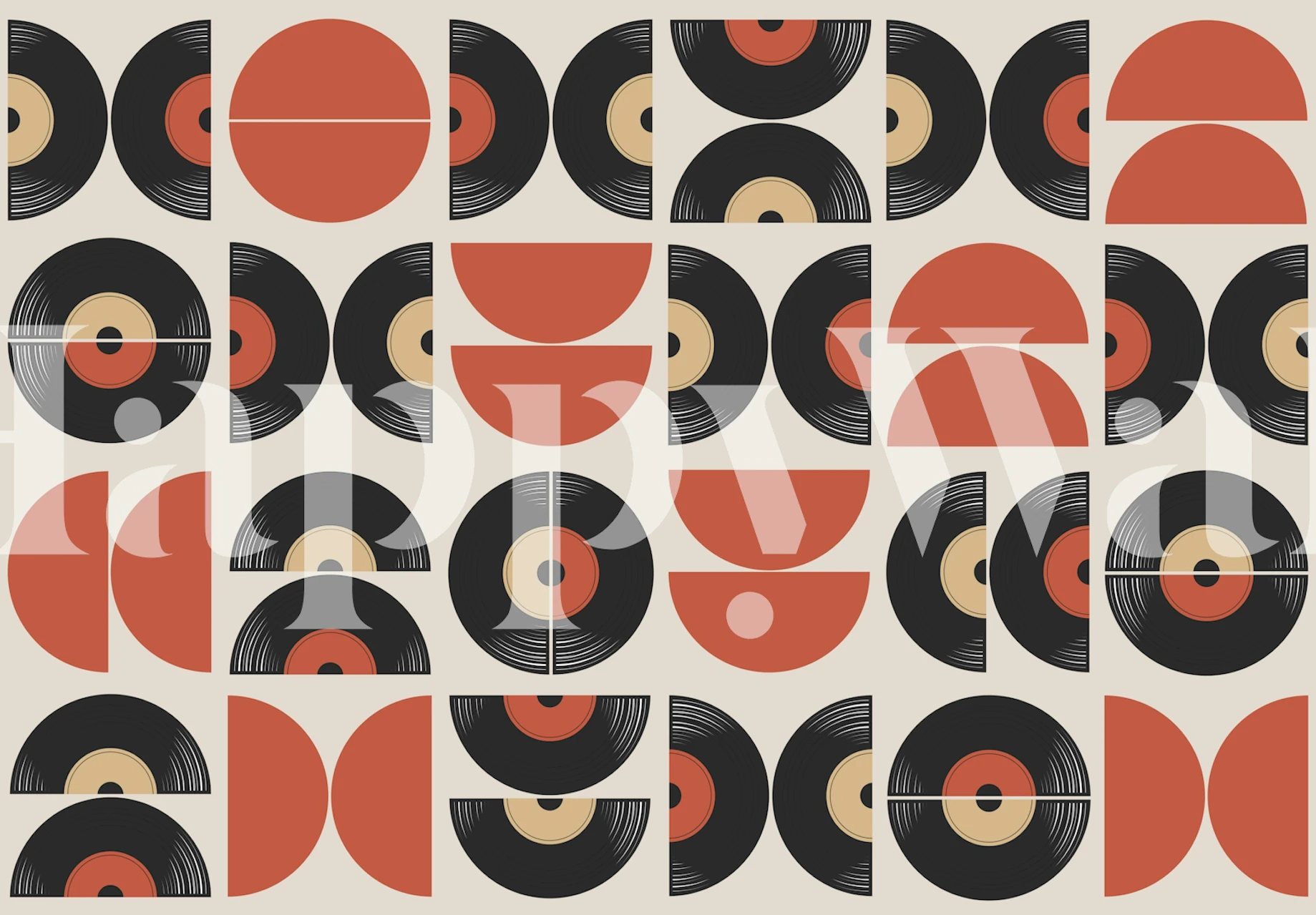 Geometric vinyl record pattern, black and tan, mid-century style wallpaper
