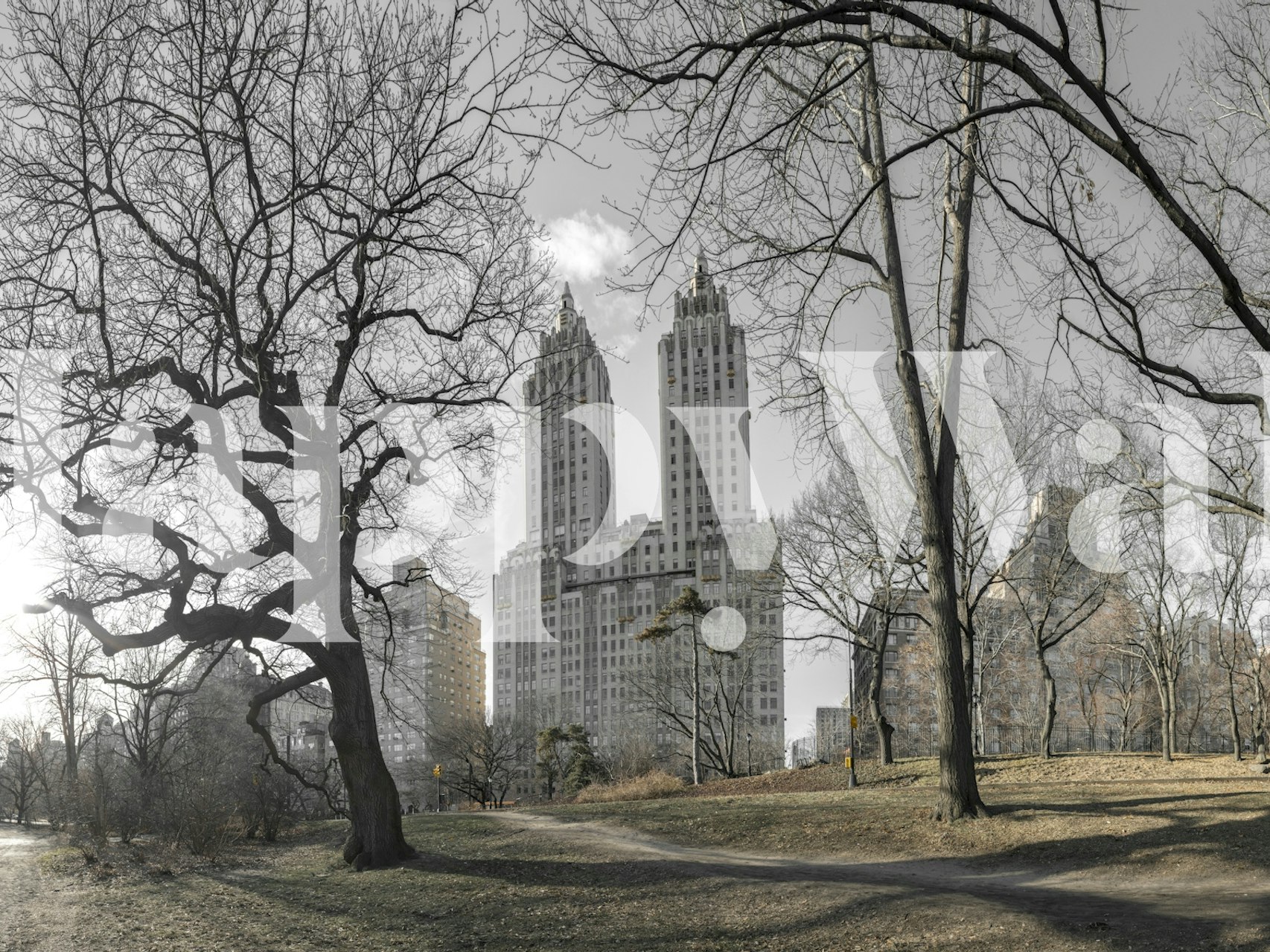 City skyline with San Remo buildings, bare trees, sepia tones wall mural