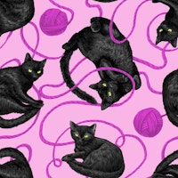 Black cats and balls of yarn, pink tapete