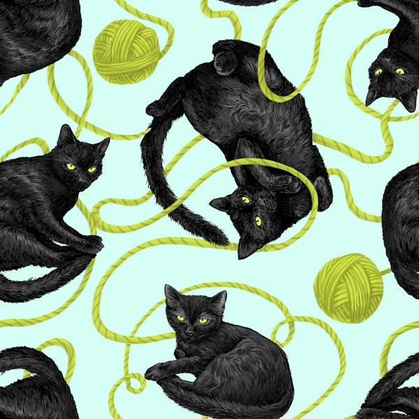 Black cats and balls of yarn, green and blue