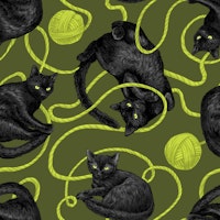 Black cats and balls of yarn, green papiers peint