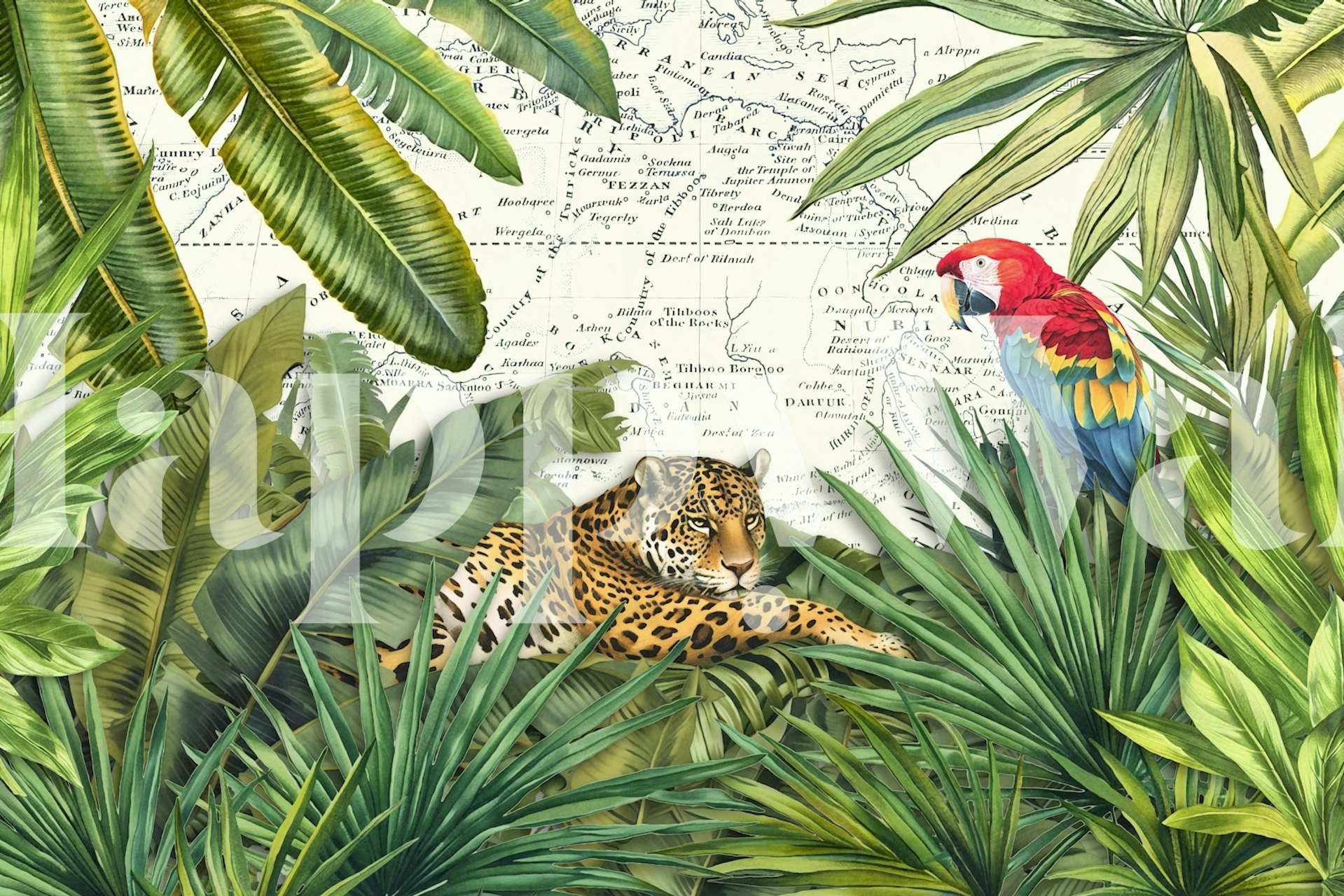 Cheetah and birds wallpaper in a room