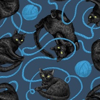 Black cats and balls of yarn, dark blue papiers peint