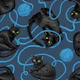 Black cats and balls of yarn, dark blue