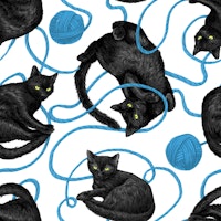 Black cats and balls of yarn on white tapete