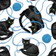 Black cats and balls of yarn on white