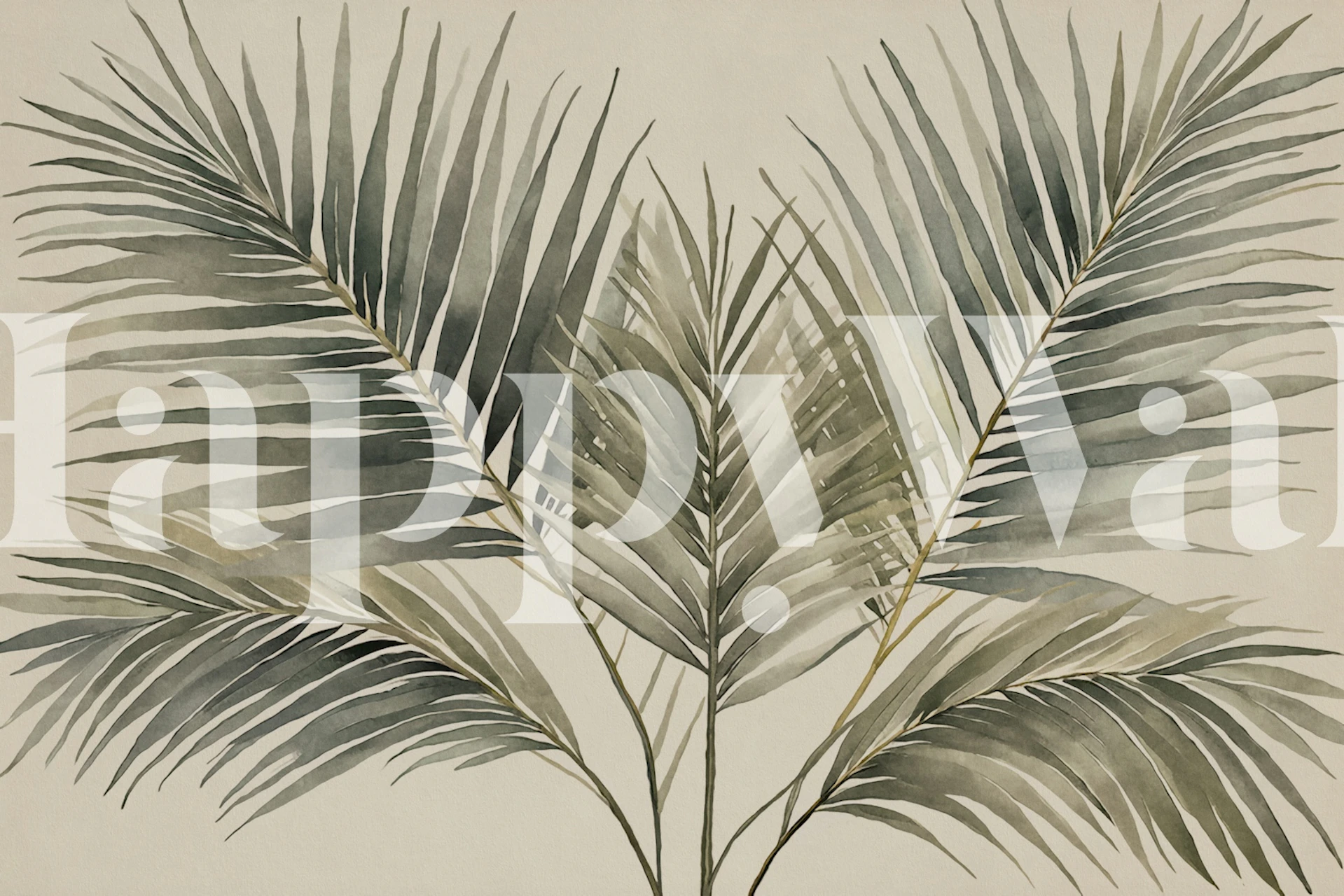Tropical palm leaf pattern in olive green and beige wallpaper