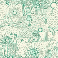 Hawaiian Toile Polynesian Hula Emerald Cream wallpaper