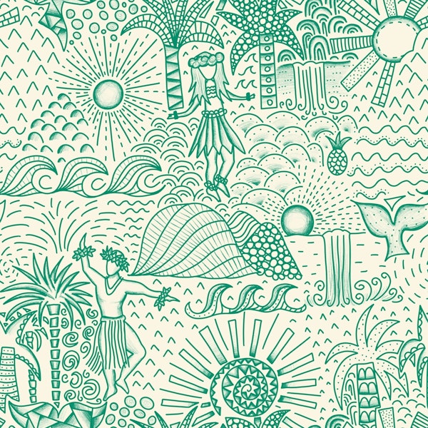Hawaiian Toile Polynesian Hula Emerald Cream