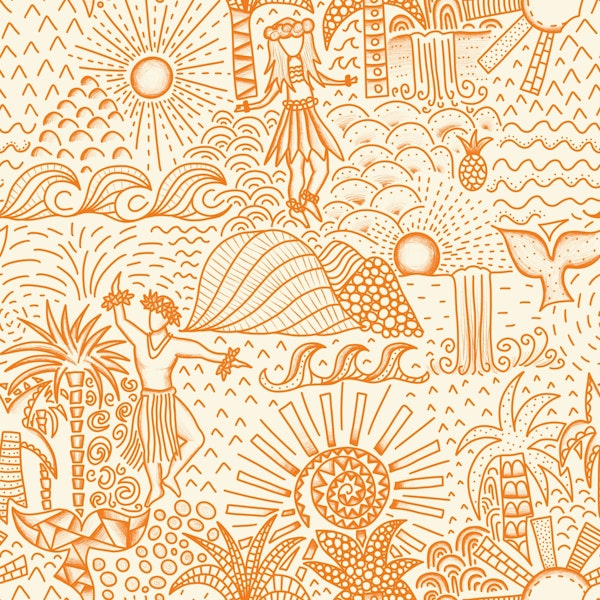 Hawaiian Toile Polynesian Hula Orange Cream