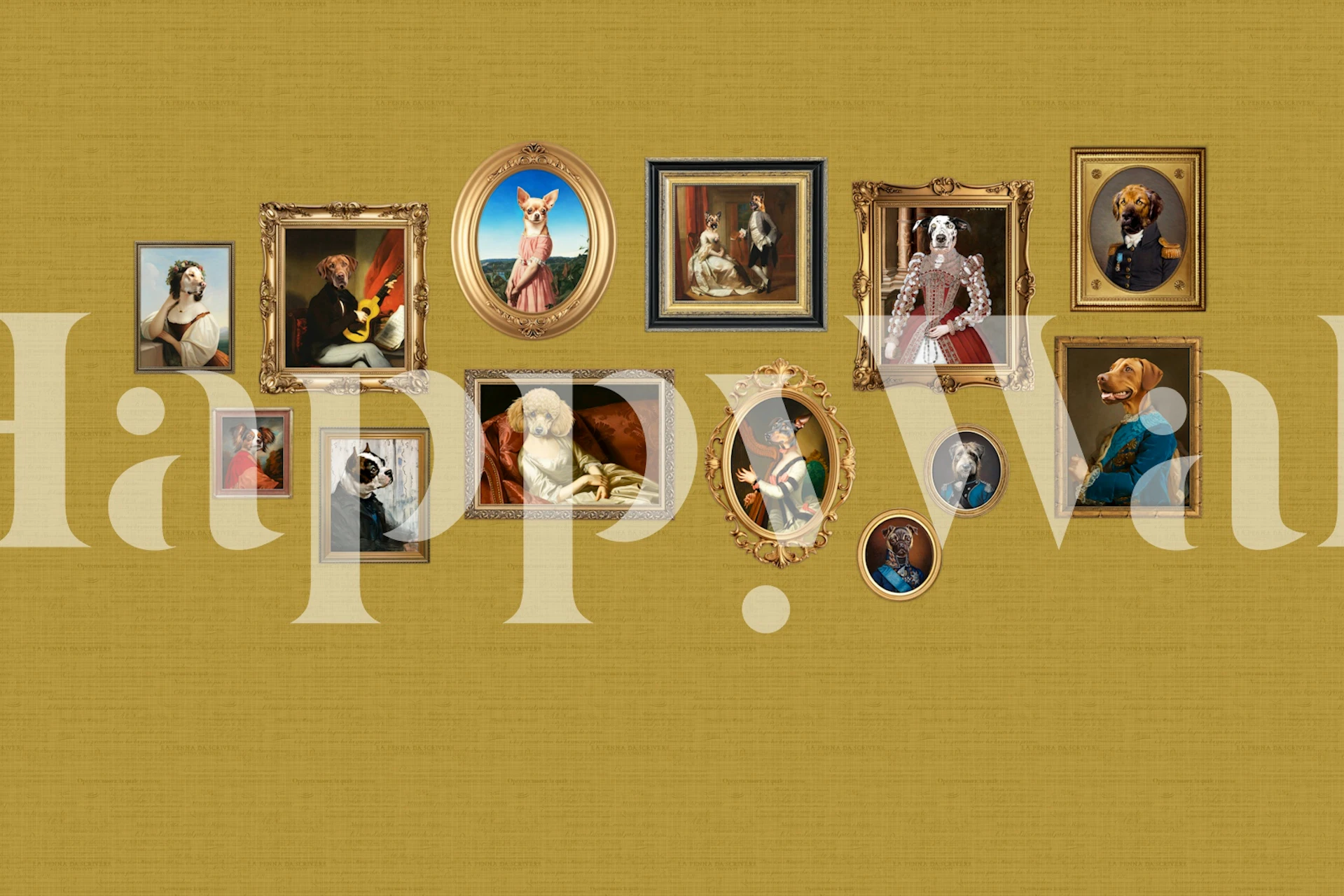 Dog portraits in ornate frames on mustard background wallpaper