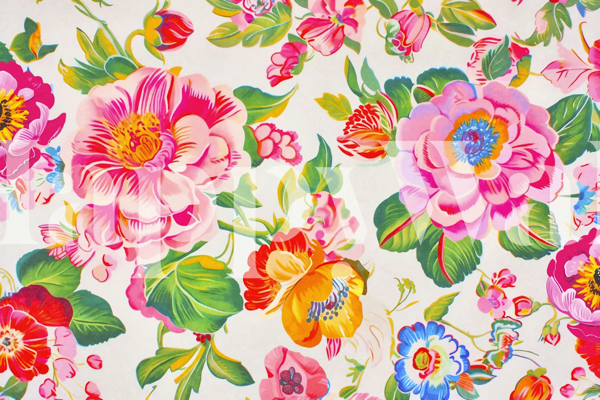 Colorful retro floral pattern with bold pink, orange, and blue flowers wallpaper