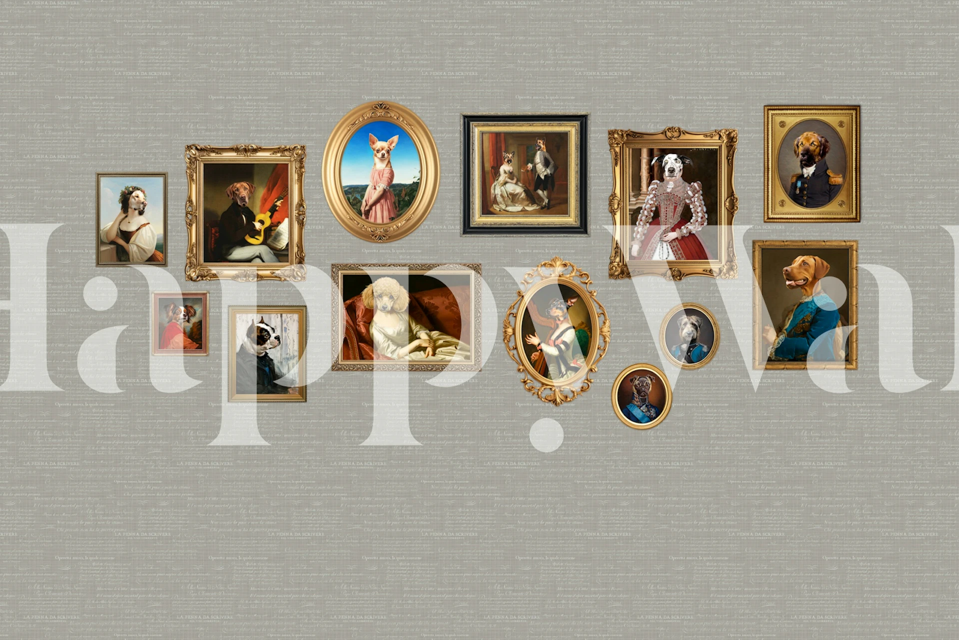 Collection of dog portraits in ornate frames on grey wallpaper