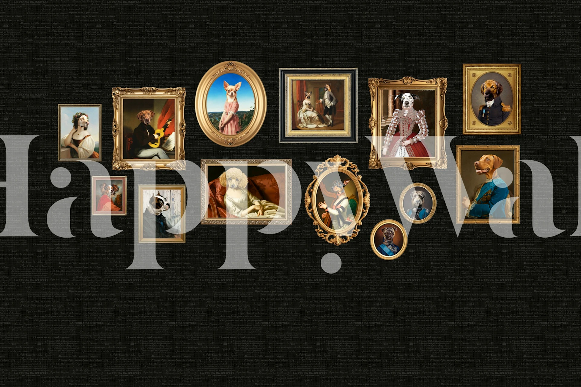 Dog portraits in vintage frames on black wallpaper