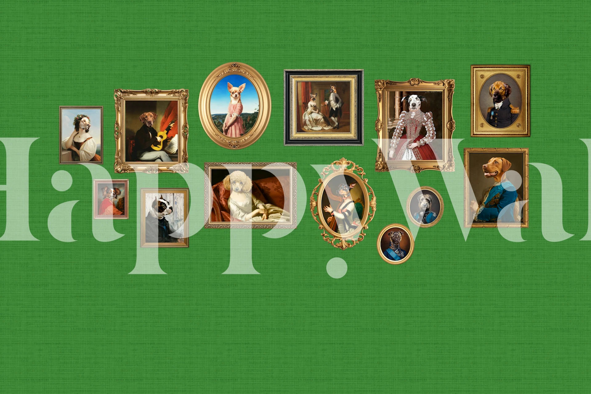 A collection of dog portraits in ornate frames against a green background wallpaper.